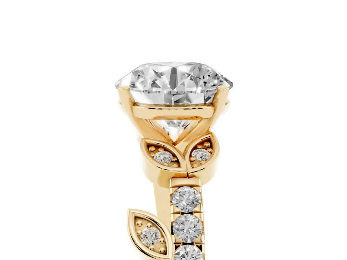 Round Cut Solitaire Leaf-Inspired Diamond Ring with Pavé Band and Four-Prong Setting Yellow gold