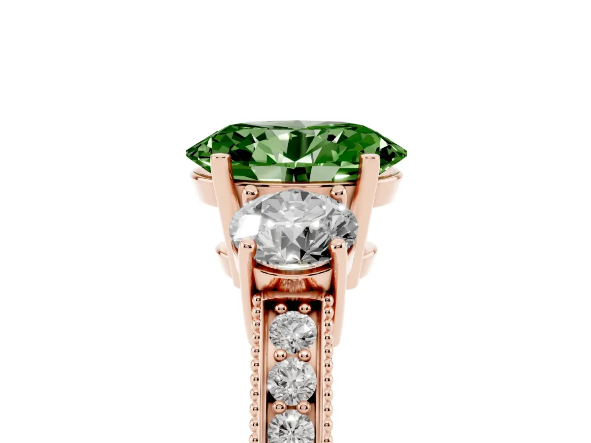 Fancy Green Oval Cut Three-Stone Diamond Ring with Pavé Band and Four-Prong Setting Rose gold