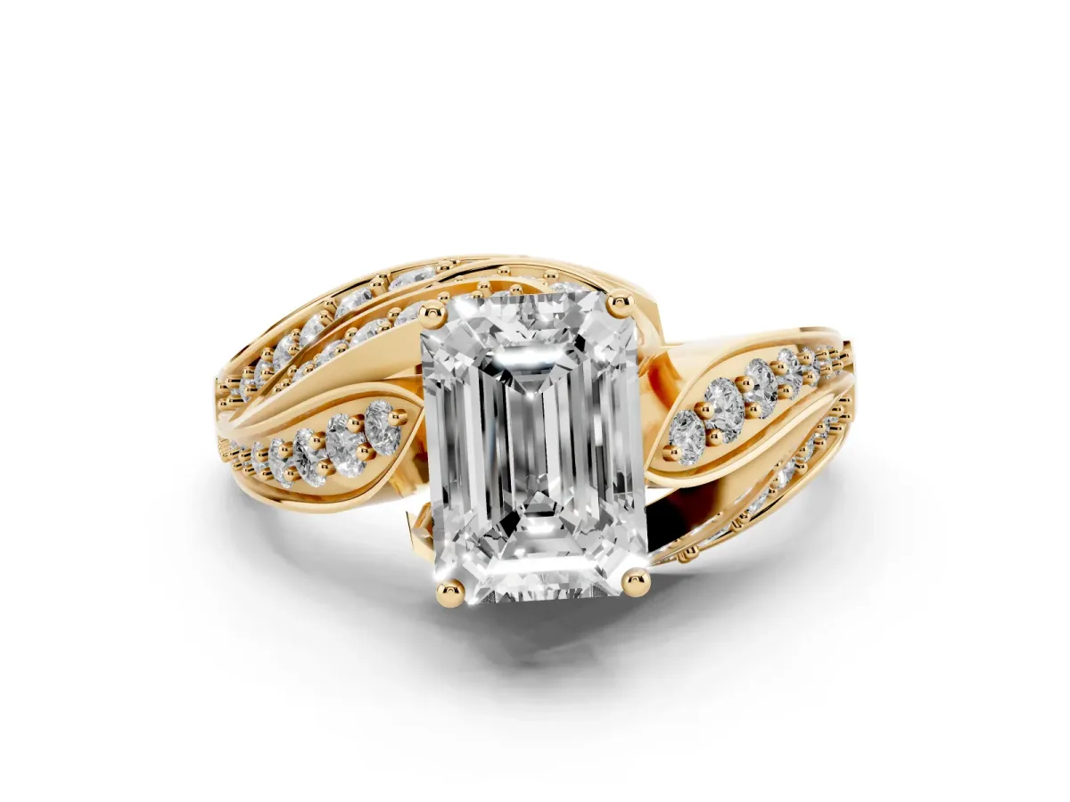 Emerald Cut Diamond Solitaire Ring with Prong Setting and Twisted Pavé Band Yellow gold
