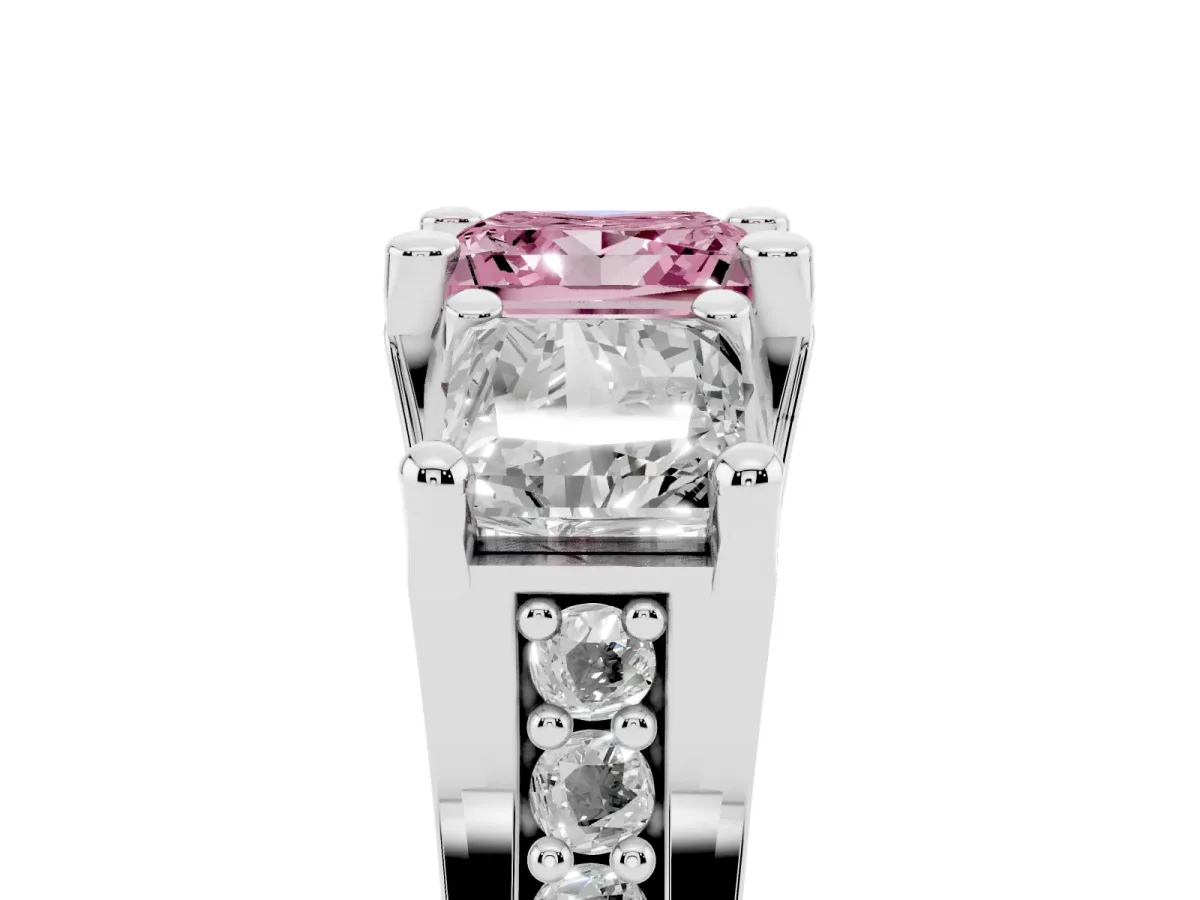 Fancy Pink Princess Cut Diamond Three-Stone Ring with Channel Set Band and Four-Prong Setting Silver