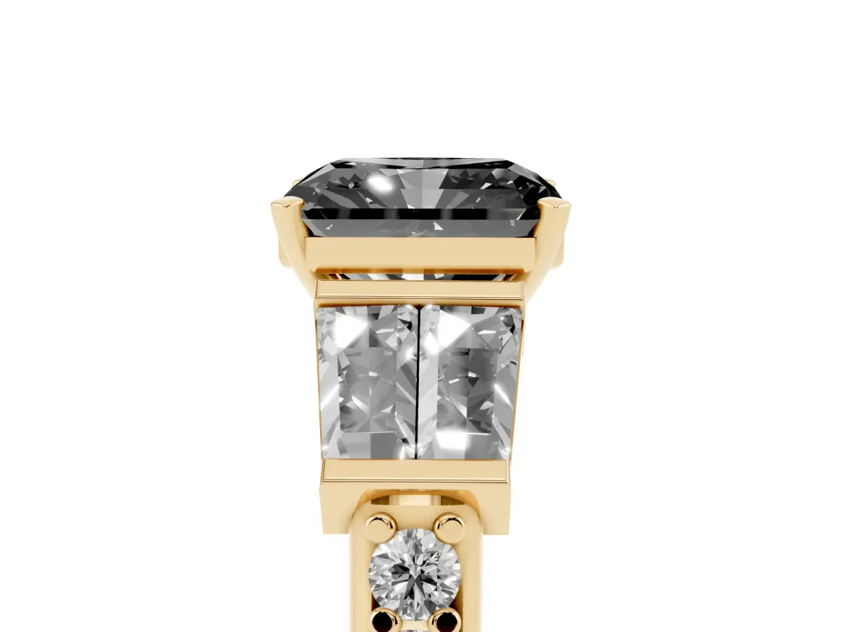 Fancy Black Radiant Cut Diamond Engagement Ring with Baguette Side Stones and Channel Set Band Yellow gold