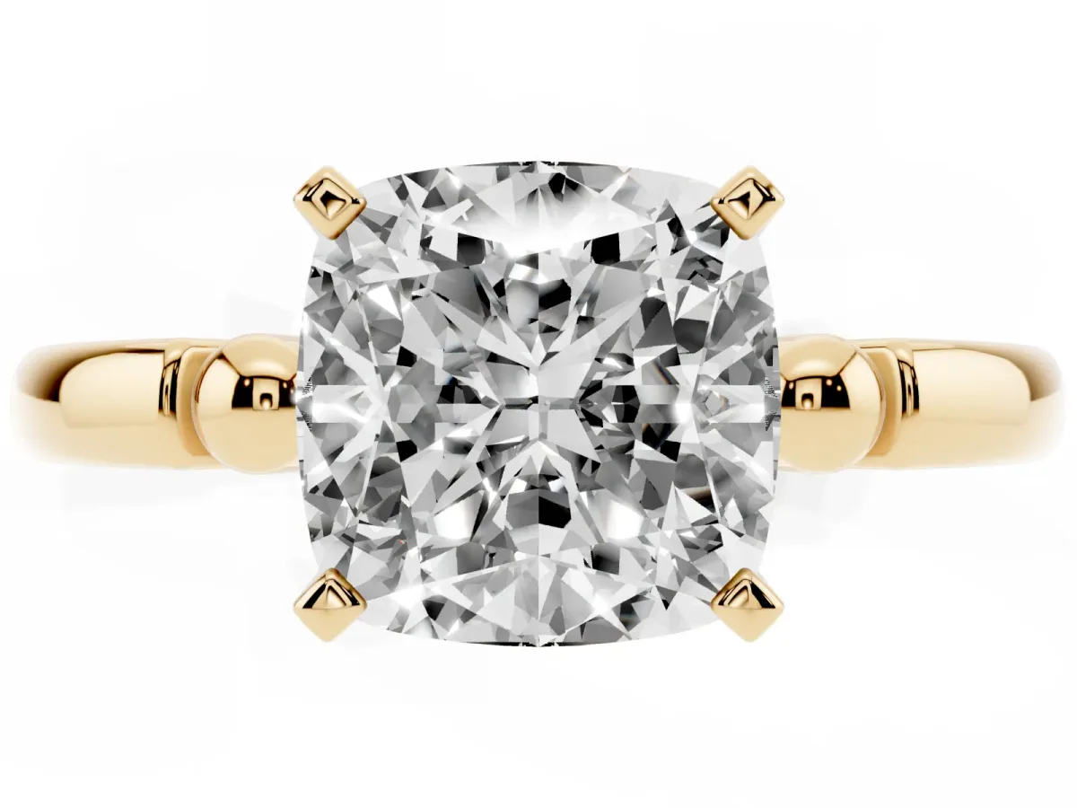 Cushion Cut Solitaire Beaded Band with Four-Prong Setting Yellow gold