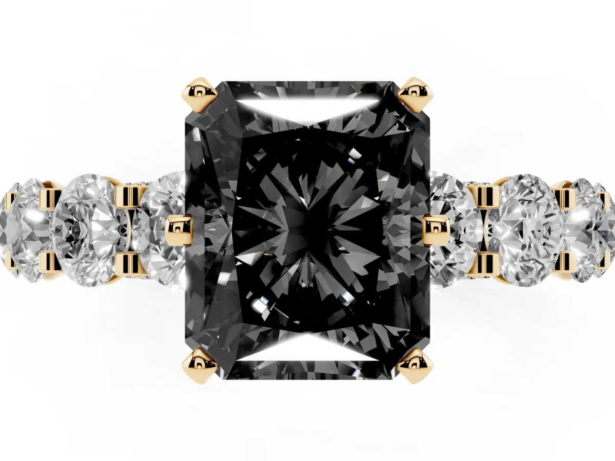 Fancy Black Radiant Cut Diamond Side Stone Engagement Ring with Four-Prong Setting Yellow gold