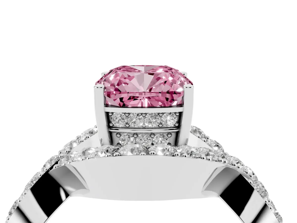 Fancy Pink Cushion Cut Solitaire Twist Band Pavé Diamond Engagement Ring Silver