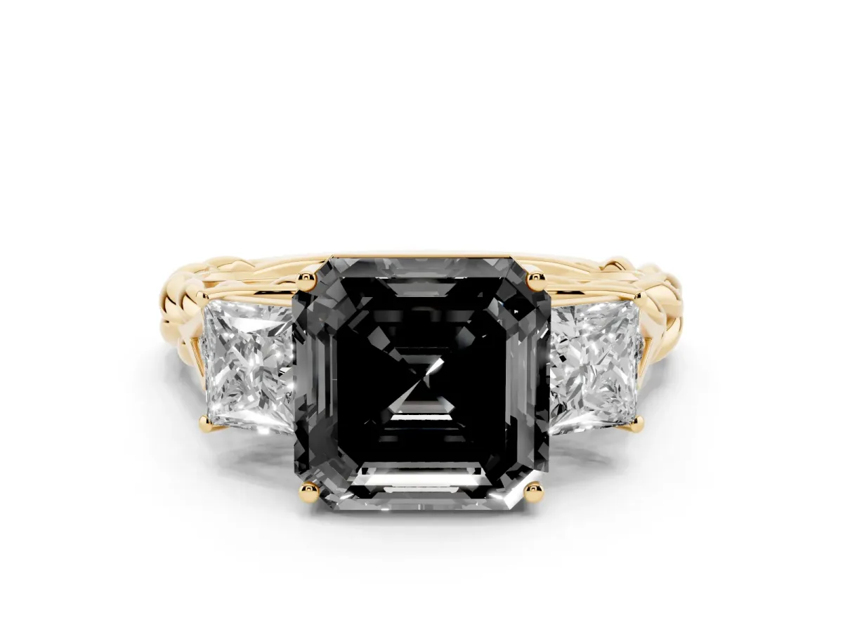 Fancy Black Three-Stone Asscher Cut Diamond Braided Band Ring with Four-Prong Setting Yellow gold