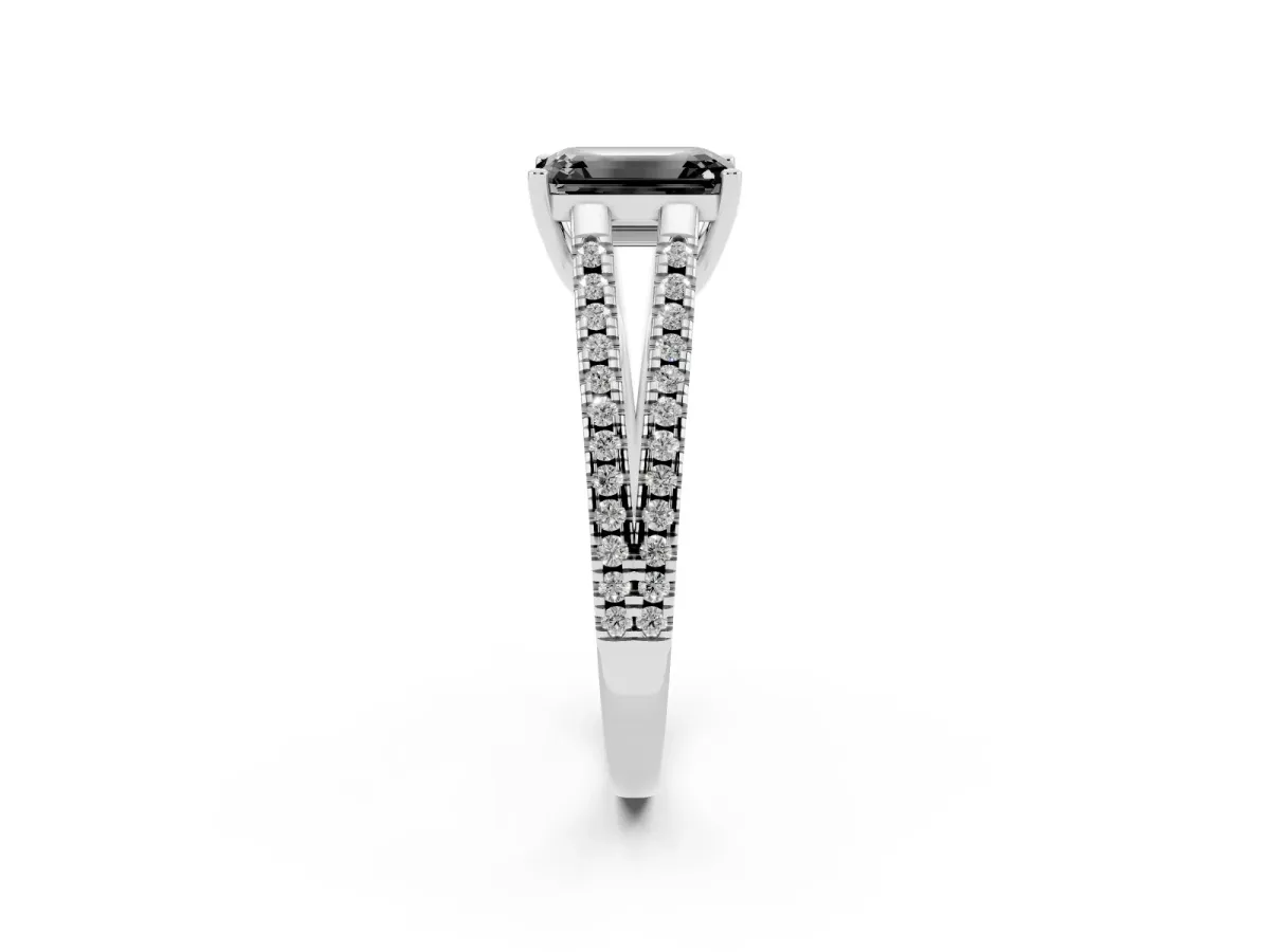 Fancy Black Emerald Cut Diamond Solitaire Engagement Ring with Split Shank Pavé Band Silver