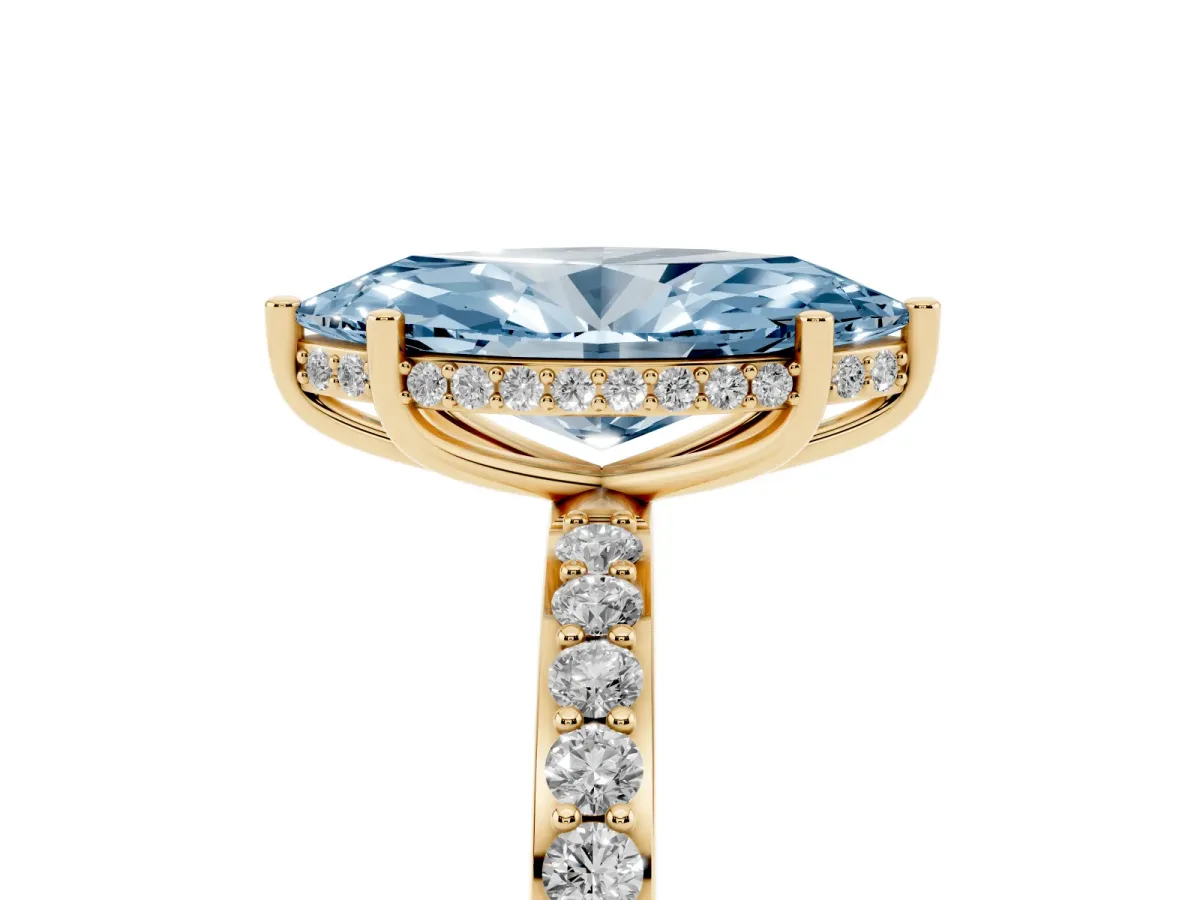 Fancy Blue Marquise Cut Diamond Solitaire Ring with Pavé Band and Hidden Halo Yellow gold
