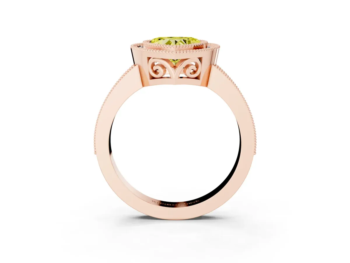 Fancy Yellow Heart Cut Cut Halo Diamond Ring with Pavé Band and Milgrain Prong Setting Rose gold