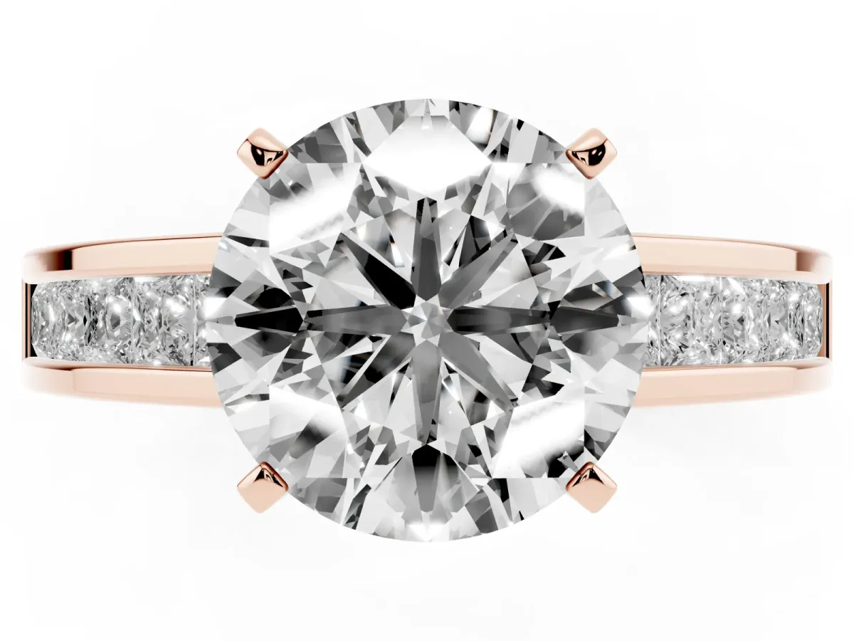 Round Cut Solitaire Diamond Ring with Channel-Set Band and Four-Prong Setting Rose gold