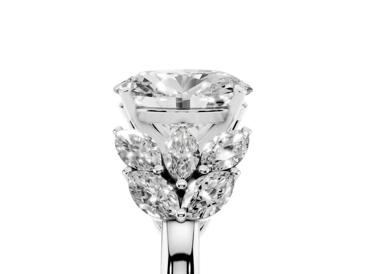 Oval Cut Diamond Cluster Leaf Design Ring with Prong Setting Platinum