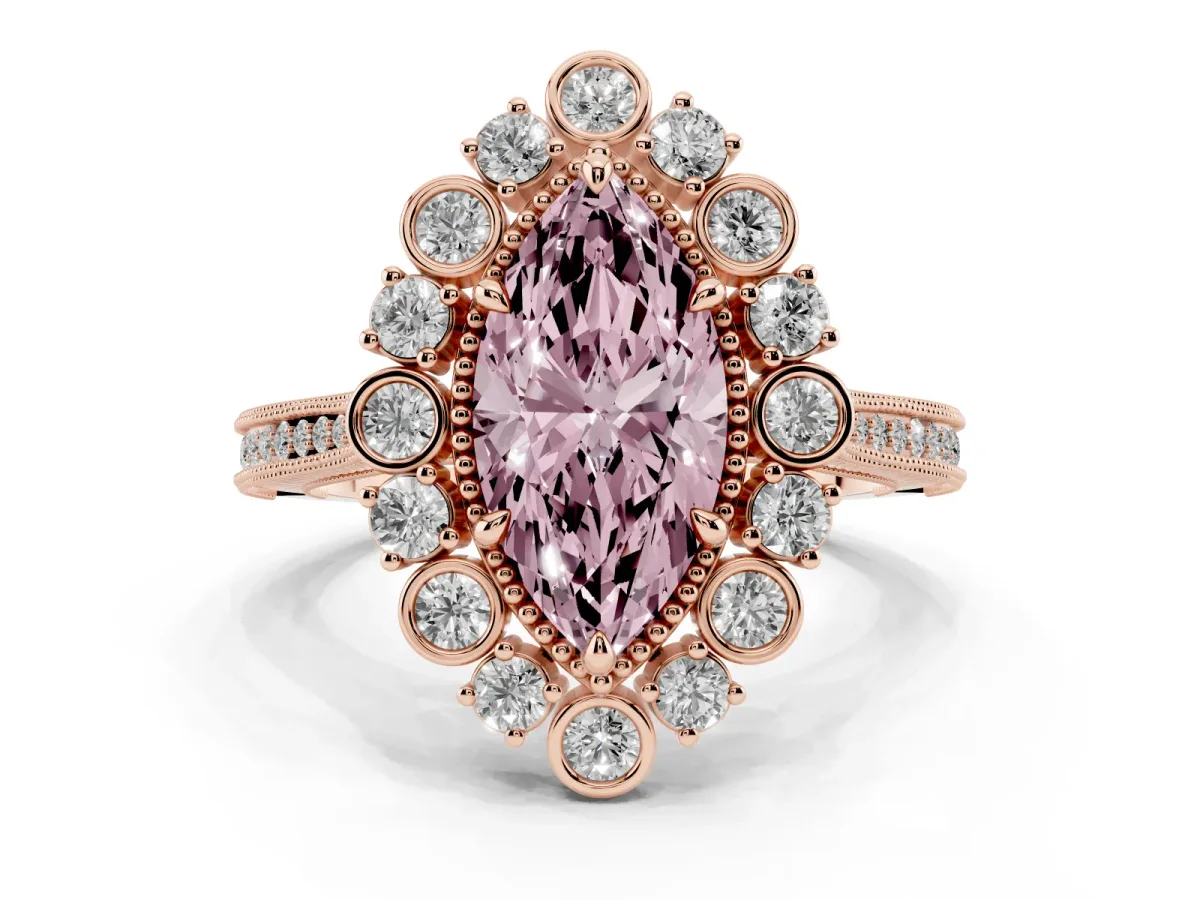 Fancy Pink Marquise Cut Halo Milgrain Pave Diamond Ring with Four-Prong Setting Rose gold