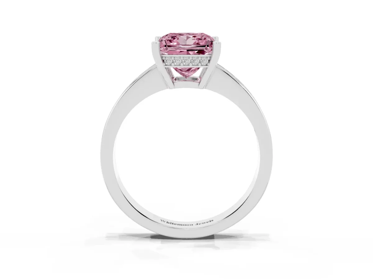 Fancy Pink Princess Cut Solitaire Pavé Band Prong Setting Ring Silver