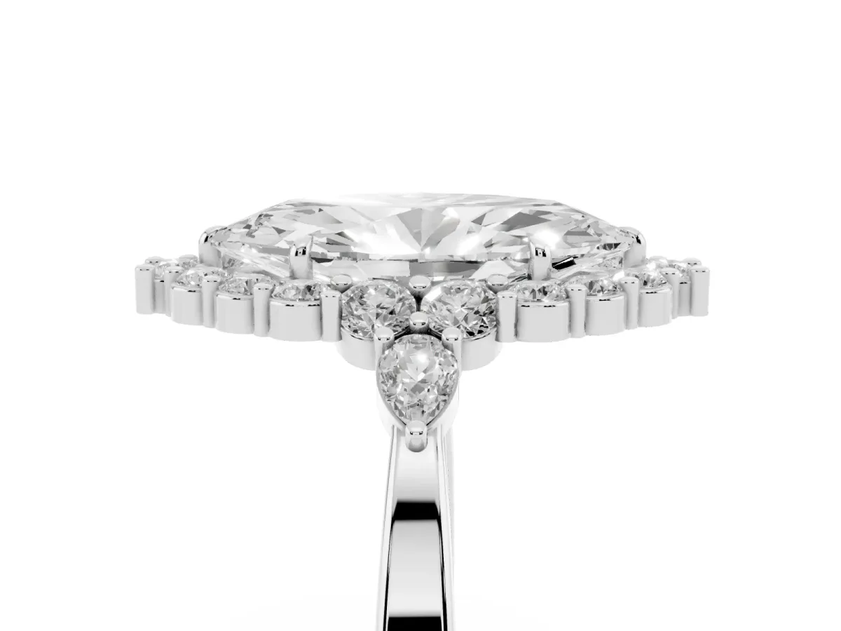 Marquise Cut Diamond Halo Ring with Pear Side Stones and Prong Setting Silver