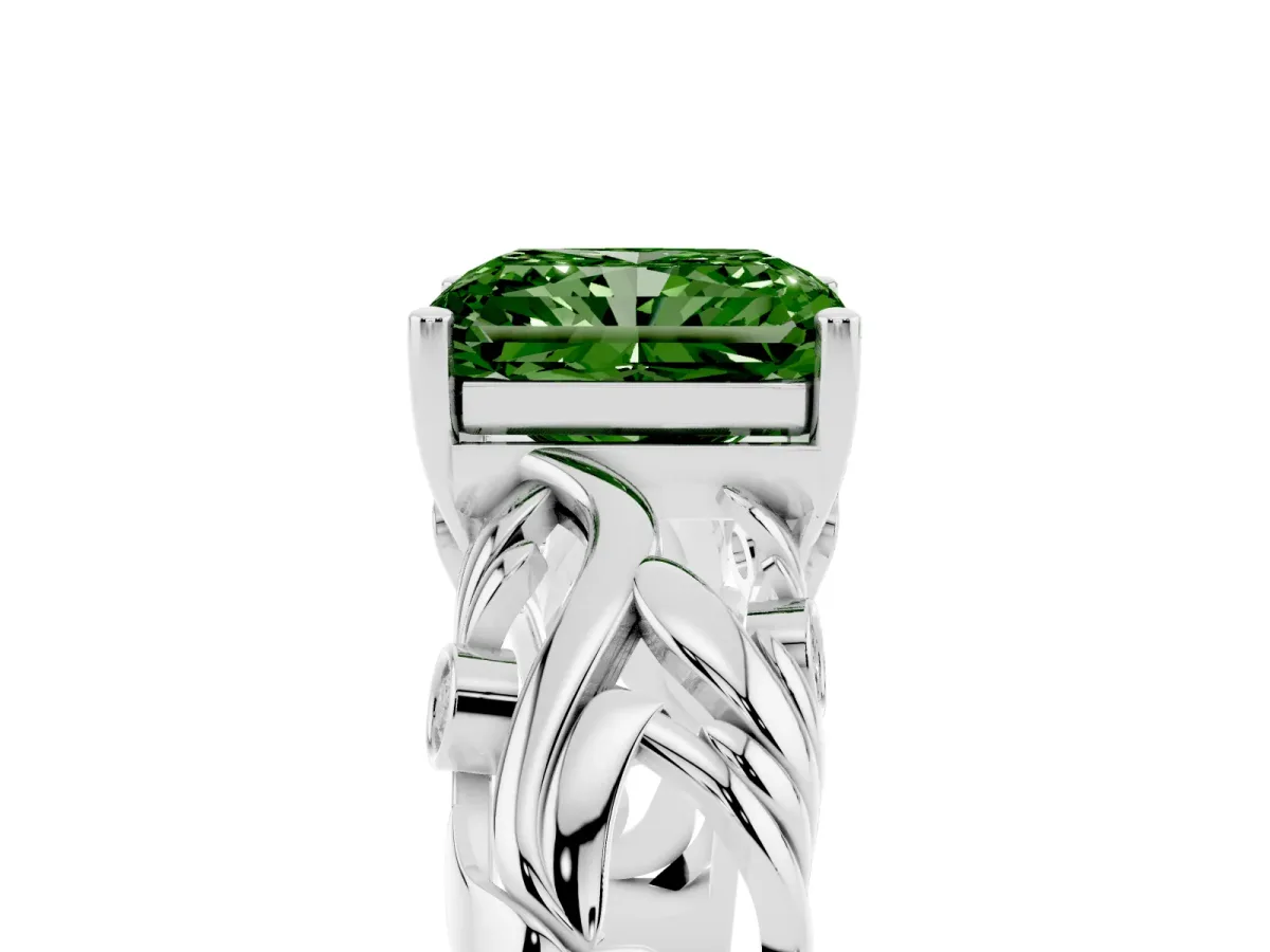 Fancy Green Radiant Cut Solitaire Diamond Leaf-Inspired Vine Band Ring with Prong Setting Silver