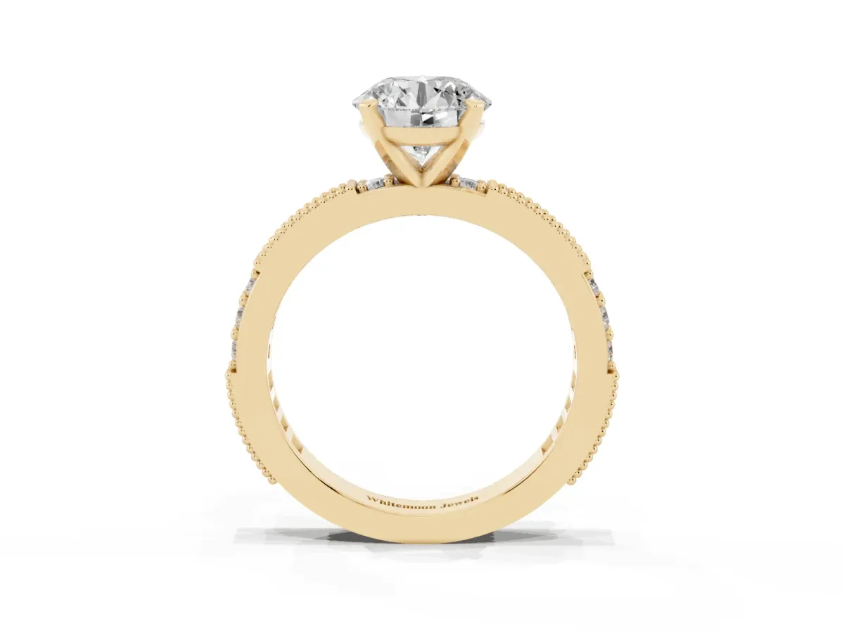 Round Cut Solitaire with Pavé Band and Four-Prong Setting Yellow gold