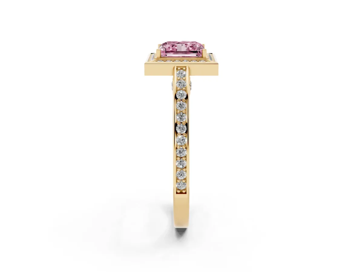 Fancy Pink Princess Cut Cut Halo Pave Split Shank Prong Setting Ring Yellow gold