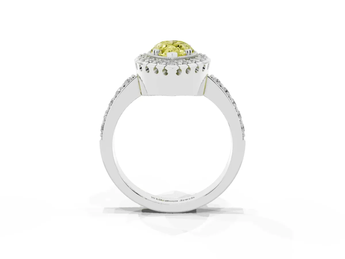 Fancy Yellow Marquise Cut Diamond Halo Ring with Pavé Band and Prong Setting White gold