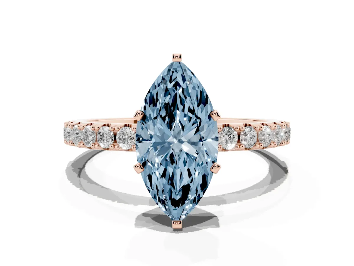 Fancy Blue Marquise Cut Diamond Solitaire Pavé Band with Four-Prong Setting Rose gold