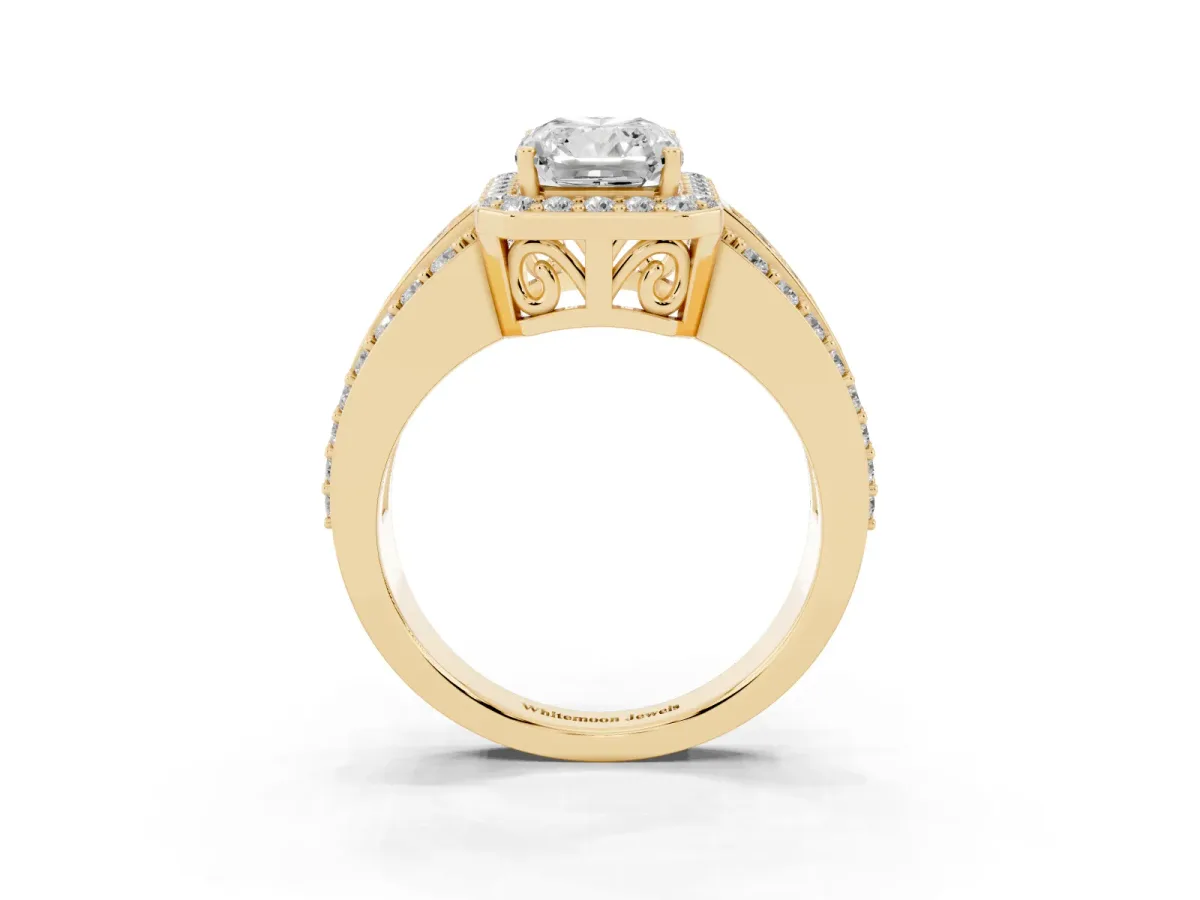 Radiant Cut Halo Diamond Ring with Round Split Shank and Prong Setting Yellow gold
