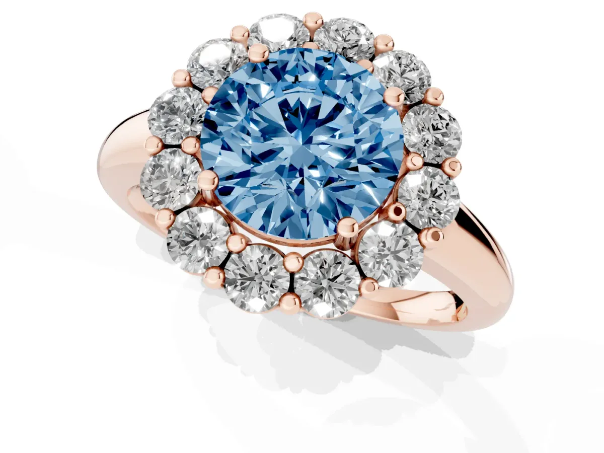 Fancy Blue Round Cut Halo Cluster Diamond Engagement Ring with Prong Setting and Polished Band Rose gold