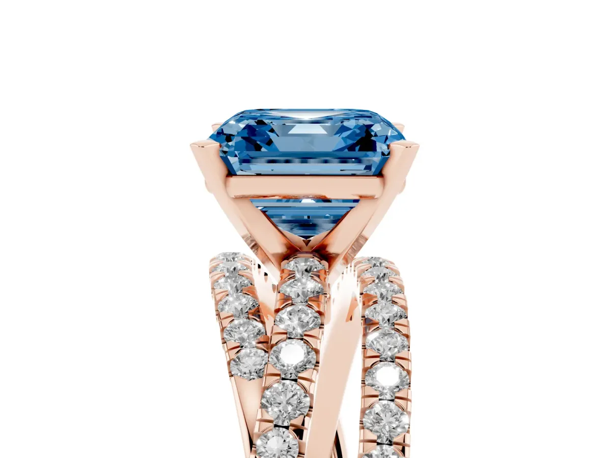 Fancy Blue Asscher Cut Solitaire Twist Band with Pavé Setting and Four-Prong Setting Rose gold