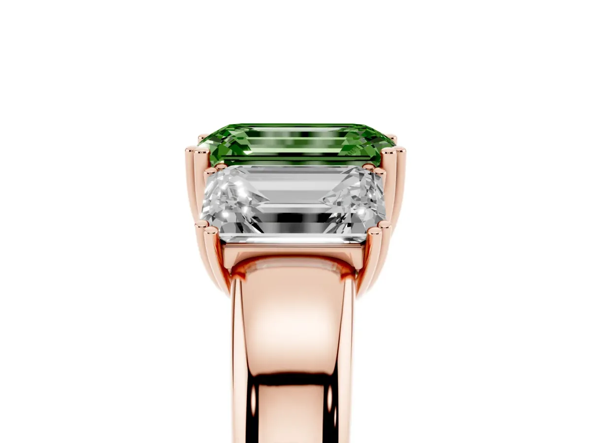 Fancy Green Three-Stone Emerald Cut Cut Diamond Ring with Channel Set Band and Four-Prong Setting Rose gold