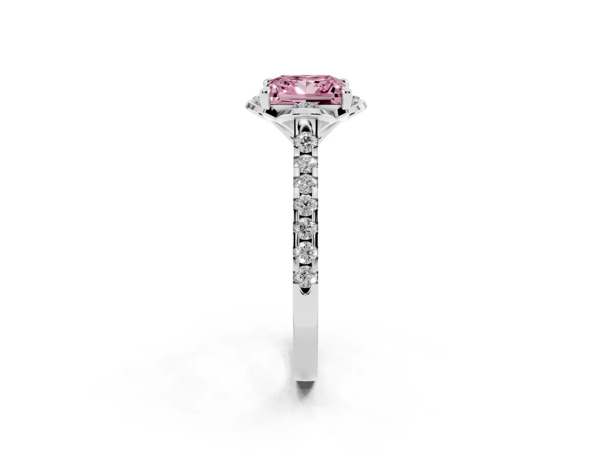 Fancy Pink Princess Cut Diamond Ring with Pavé Band and Floral Prong Setting White gold