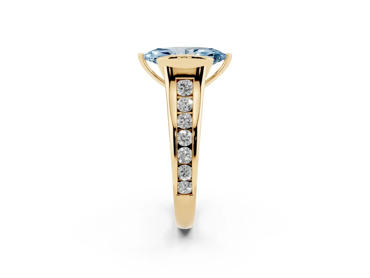 Fancy Blue Marquise Cut Solitaire Bezel-Set Diamond Ring with Channel-Set Band Yellow gold