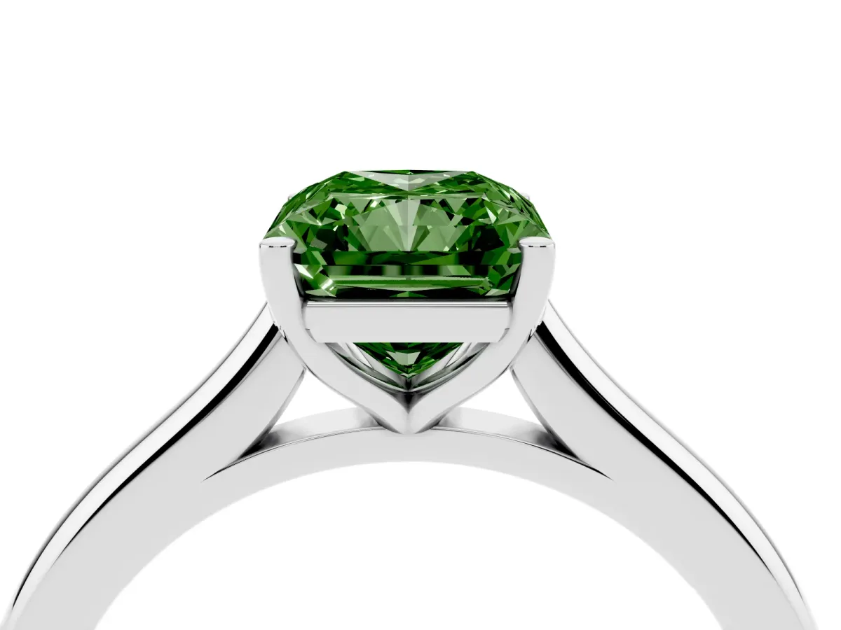 Fancy Green Radiant Cut Cut Solitaire Ring with Cathedral Band and Four-Prong Setting Silver