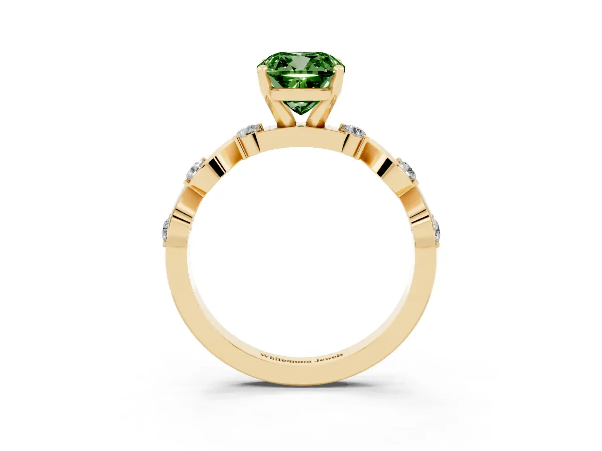 Fancy Green Cushion Cut Diamond Solitaire Twisted Band with Round Accents and Prong Setting Yellow gold