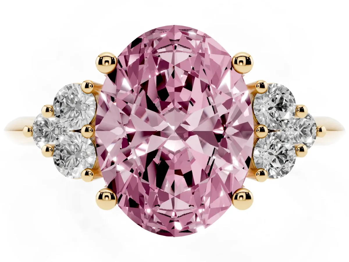 Fancy Pink Oval Cut Cut Diamond Cluster Ring with Solitaire Band and Four-Prong Setting Yellow gold