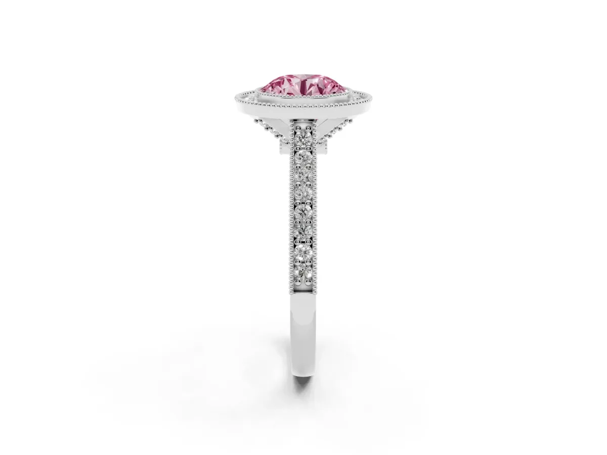 Fancy Pink Halo Round Cut-Cut Diamond Pave Band Milgrain Prong Setting Ring Platinum