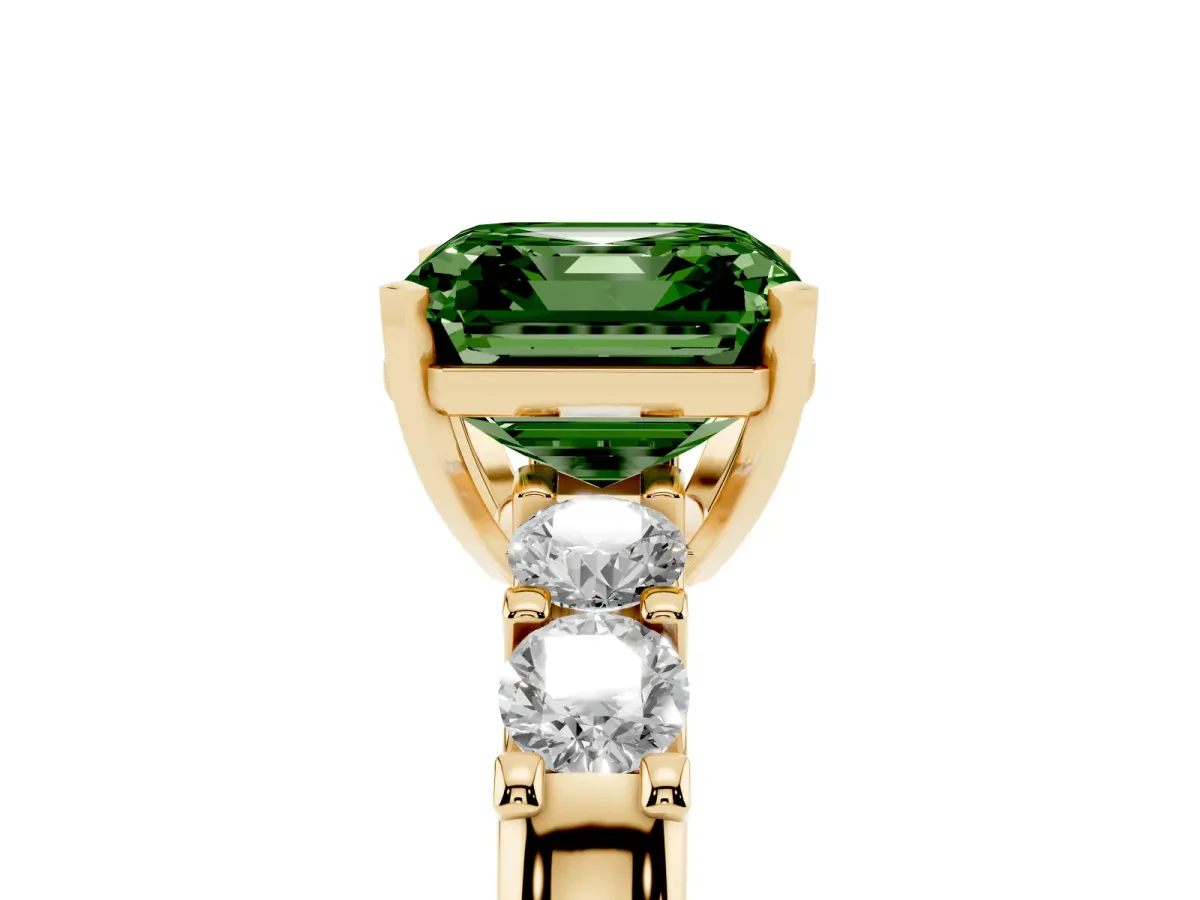 Fancy Green Asscher Cut Brilliant Cut Diamond Five-Stone Prong Set Engagement Ring with Channel Band Yellow gold