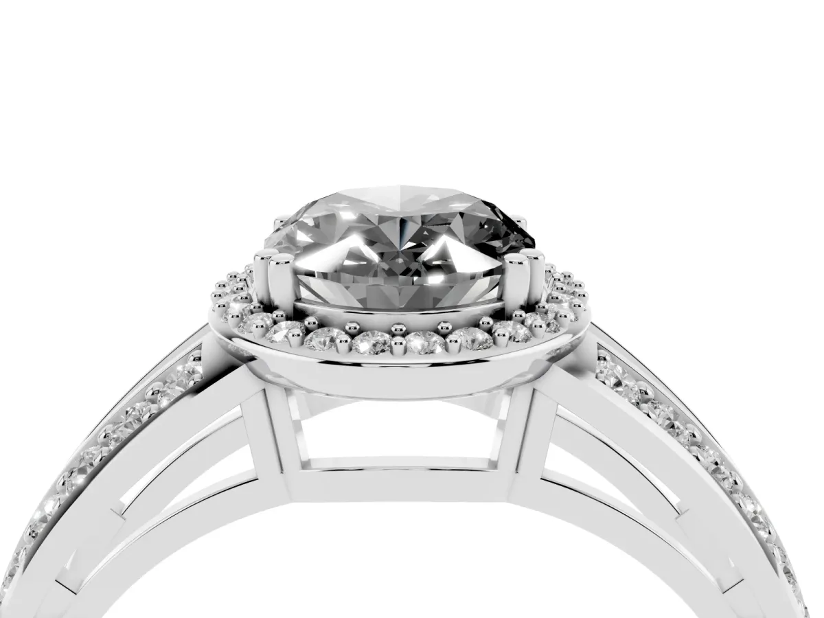 Fancy Black Oval Cut Diamond Halo Ring with Split Shank Pavé Band and Four-Prong Setting White gold