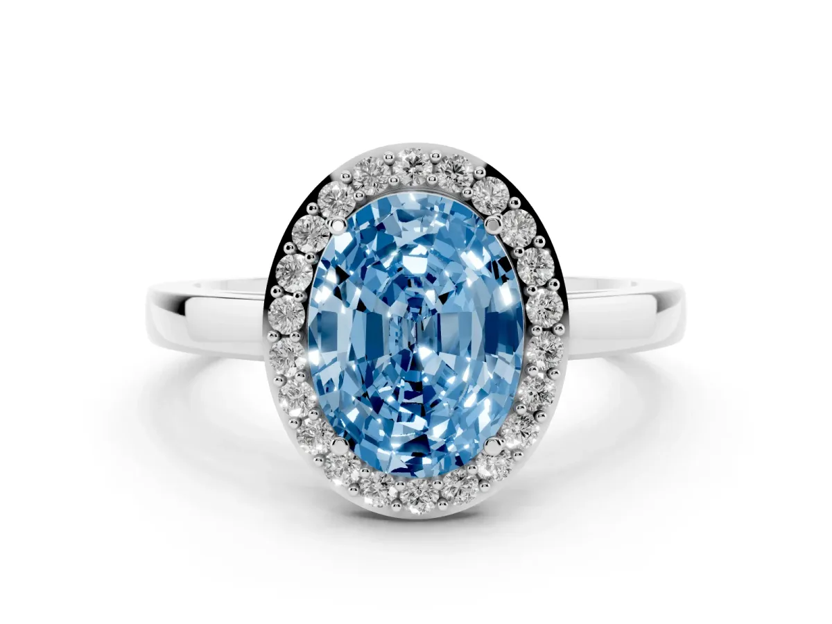 Fancy Blue Oval Cut Halo Diamond Ring with Solitaire Band and Prong Setting Platinum