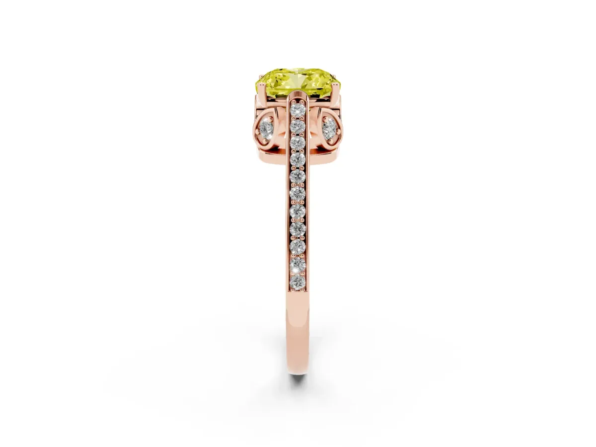 Fancy Yellow Cushion Cut Cut Cathedral Pave Diamond Engagement Ring with Six-Prong Setting Rose gold