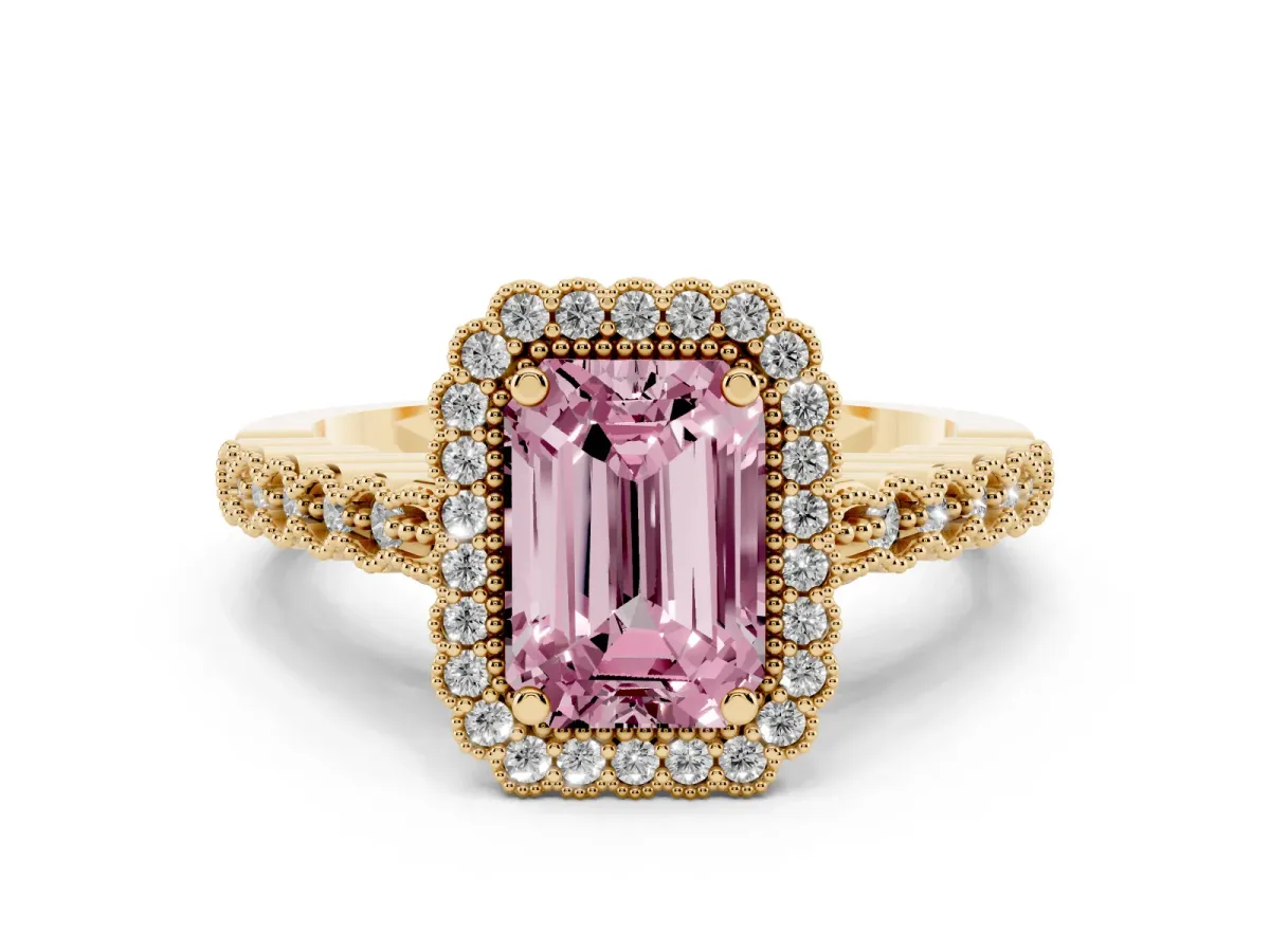 Fancy Pink Emerald Cut Cut Halo Pavé Solitaire Ring with Milgrain Band Yellow gold
