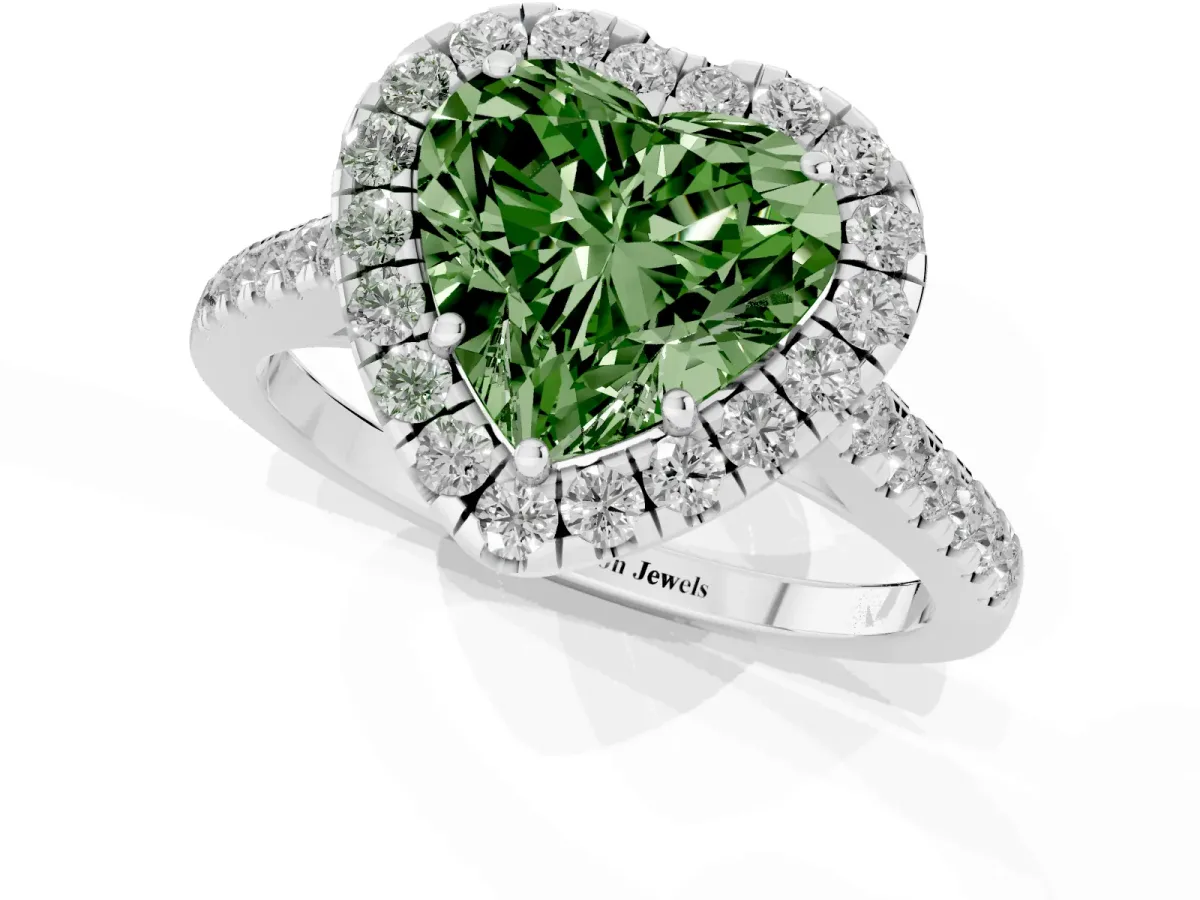 Fancy Green Heart Cut Halo Pave Diamond Engagement Ring with Four-Prong Setting Platinum