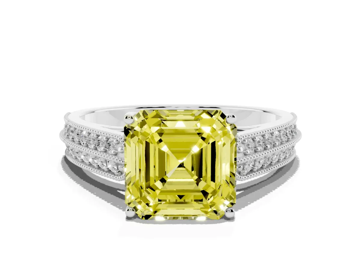 Fancy Yellow Asscher Cut Cut Pave Split Shank Engagement Ring with Four-Prong Setting Platinum