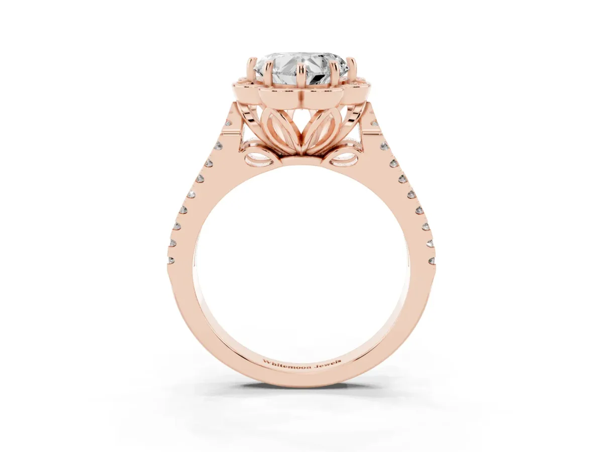Heart Cut Halo Diamond Floral Split Shank Engagement Ring Rose gold