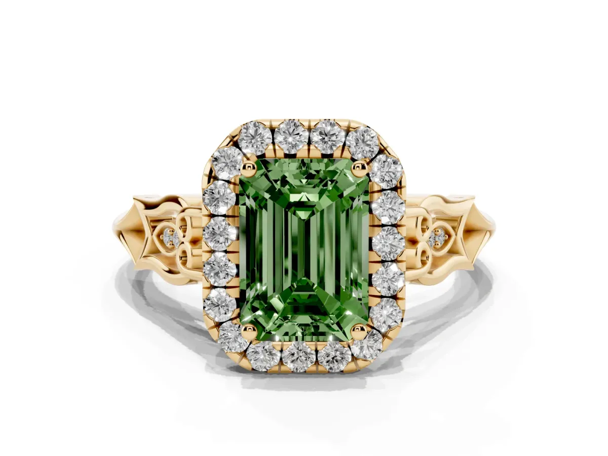 Fancy Green Emerald Cut Halo Diamond Engagement Ring with Filigree Band and Four-Prong Setting Yellow gold
