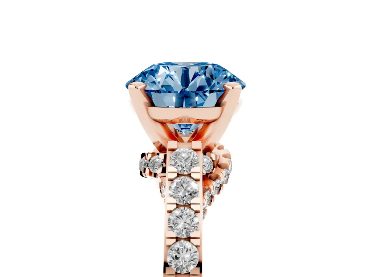 Fancy Blue Round Cut Diamond Solitaire Ring with Crossover Gallery and Round Pavé Band Rose gold