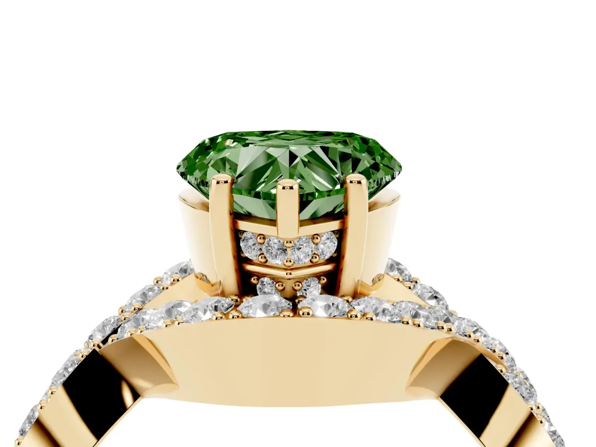 Fancy Green Heart Cut Solitaire Twist Band Pavé Diamond Engagement Ring Yellow gold