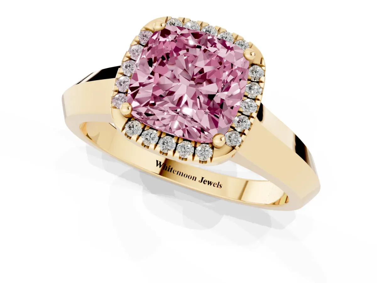 Fancy Pink Cushion Cut Halo Diamond Ring with Cathedral Band and Four-Prong Setting Yellow gold