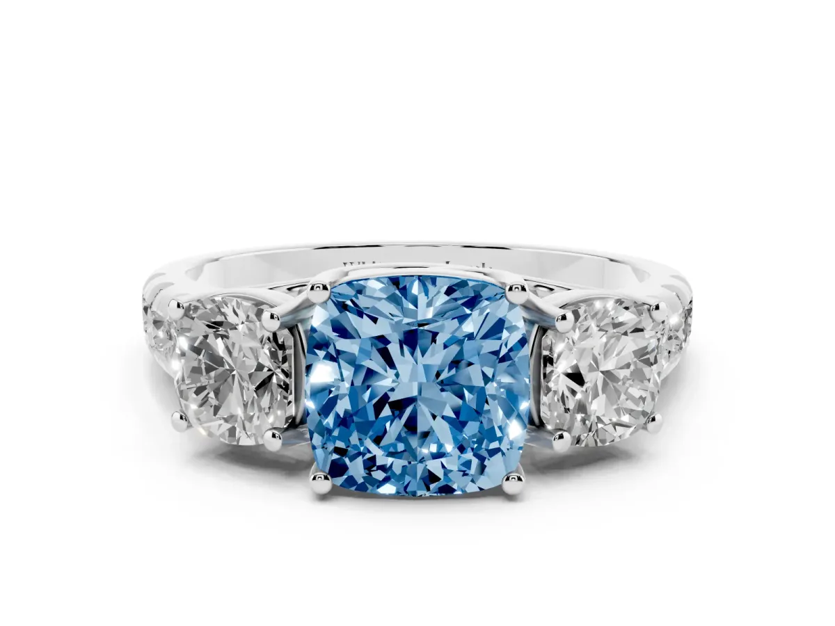 Fancy Blue Three-Stone Cushion Cut Diamond Pavé Band with Prong Setting Silver