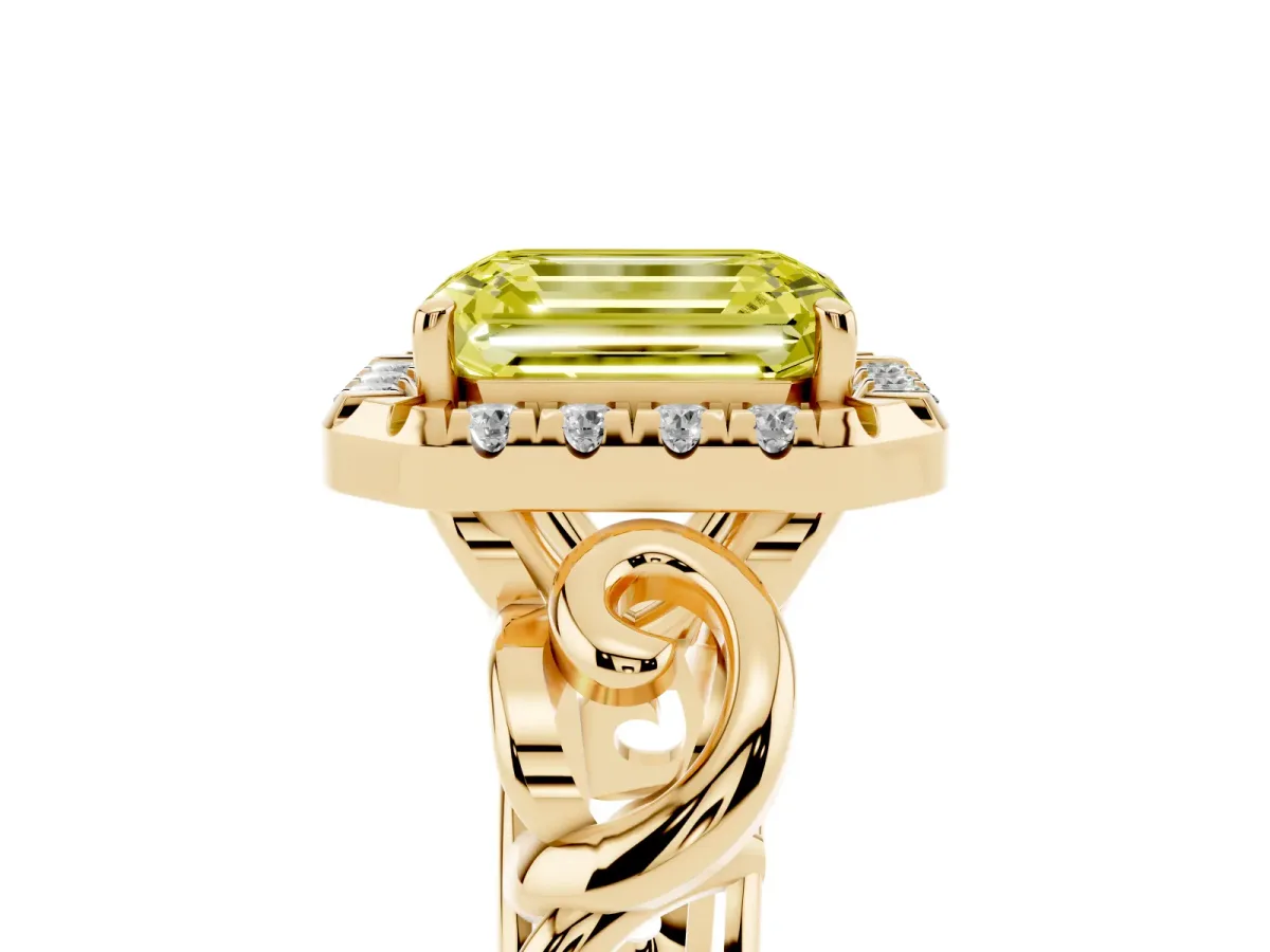 Fancy Yellow Emerald Cut Cut Halo Diamond Ring with Scrollwork Band and Four-Prong Setting Yellow gold