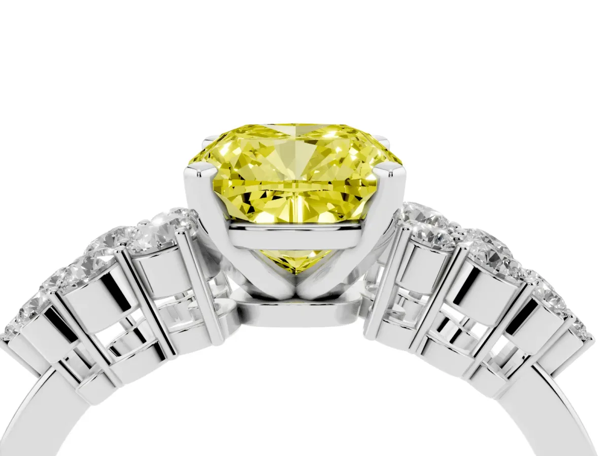 Fancy Yellow Cushion Cut Cluster Diamond Engagement Ring with Pavé Band and Four-Prong Setting Silver