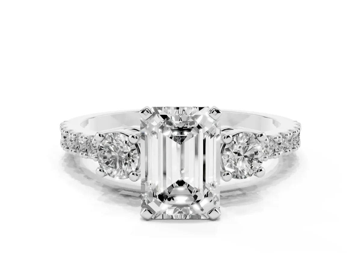 Emerald Cut Three-Stone Diamond Pavé Band with Prong Setting Silver