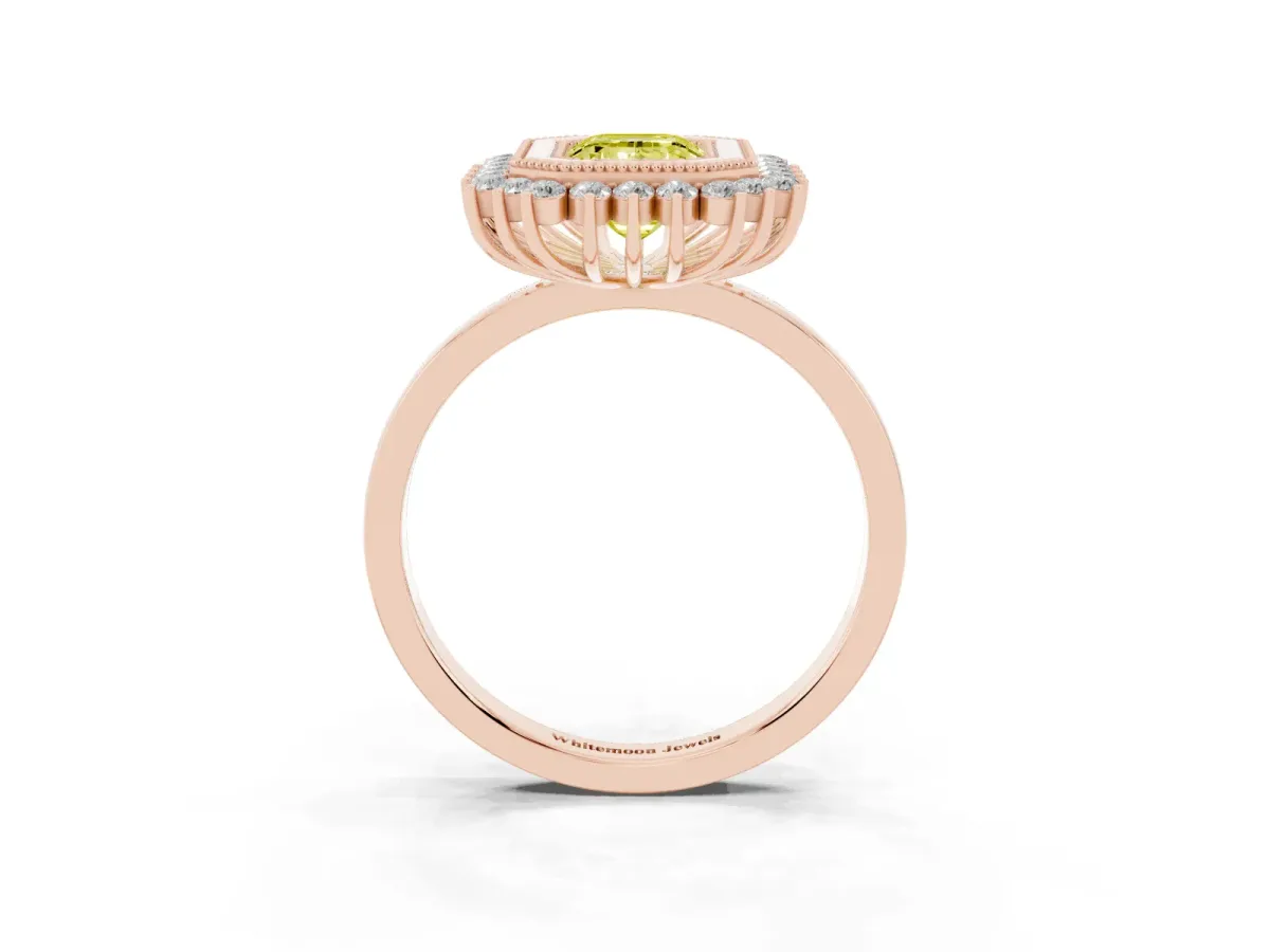 Fancy Yellow Emerald Cut Halo Diamond Ring with Milgrain Edge and Round Prong Setting Rose gold