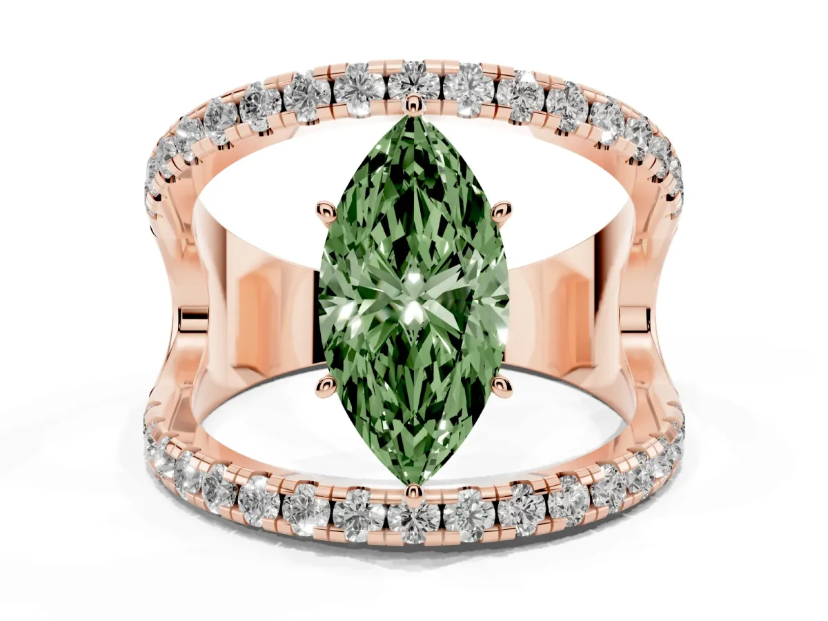 Fancy Green Marquise Cut Solitaire Split Shank Pave Diamond Ring Rose gold